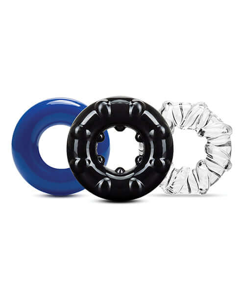 Blush Novelties Stay Hard Triple Stretch Cock Rings 3-Pack featuring blue, black, and clear textured rings for enhanced pleasure