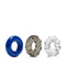 Blush Novelties Stay Hard Triple Stretch Cock Rings 3-Pack with unique textures in blue, gray, and clear designs