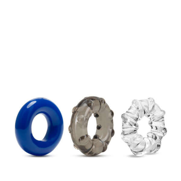 Blush Novelties Stay Hard Triple Stretch Cock Rings 3-Pack with unique textures in blue, gray, and clear designs