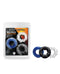 Blush Novelties Stay Hard Triple Stretch Cock Rings 3-Pack in blue, black, and clear with packaging.