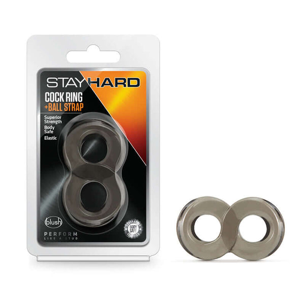 Premium Stay Hard Cock Ring and Ball Strap by Blush Novelties in Black Packaging and Product Displayed