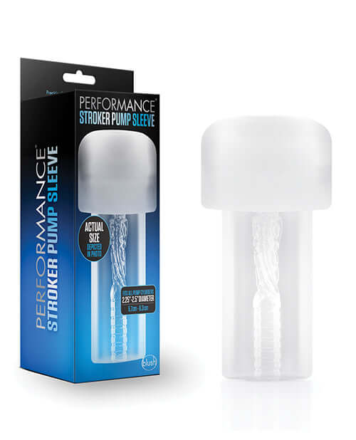 Performance Stroker Pump Sleeve Clear by Blush Novelties, featuring ribbed texture and made of body-safe, phthalate-free TPE material.