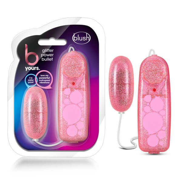 B Yours Glitter Power Bullet Vibrator Pink with handheld controller in packaging from Blush Novelties