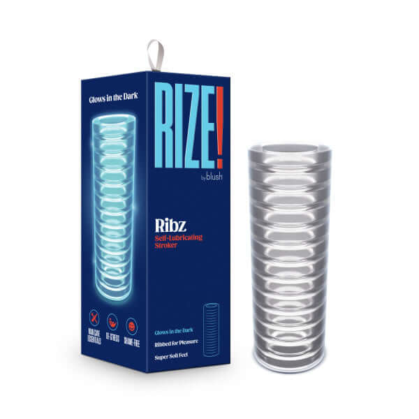 Rize Ribz Glow In The Dark Self Lubricating Stroker Clear by Blush Novelties packaging and product image