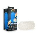 M For Men Soft and Wet Orb Frosted Clear Stroker by Blush Novelties with packaging, self-lubricating and glow in the dark features.