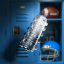 Glow in the dark self lubricating stroker with soft ticklers and ribbed inside floating in front of a locker setup