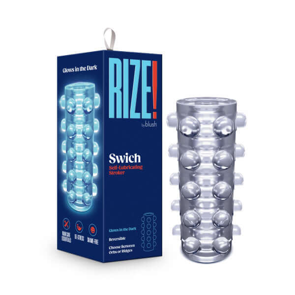 Rize Swich Glow In The Dark Self Lubricating Stroker Clear with packaging from Blush Novelties.