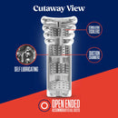 Cutaway view of Rize Luz Glow-In-The-Dark Self-Lubricating Stroker showcasing self-lubricating material, stimulating ticklers, and suction chambers.