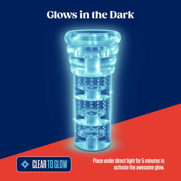 Rize Luz Glow-In-The-Dark Self-Lubricating Stroker, clear and illuminated, highlighting its glowing feature in dark environment