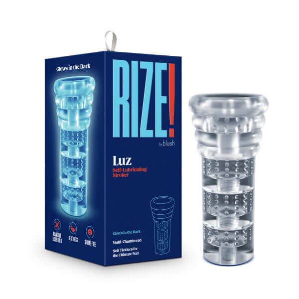 Rize Luz Glow-In-The-Dark Self-Lubricating Stroker next to its packaging, showing clear and innovative design