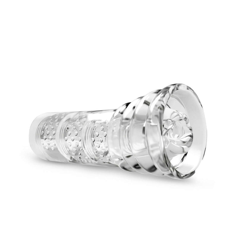 M For Men Soft and Wet All Nighter Clear Stroker with ribbed interior and self-lubricating features, from Blush Novelties.
