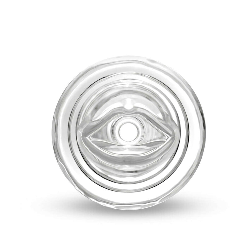 Transparent M For Men Soft and Wet All Nighter Clear Stroker with ribbed texture, self-lubricating feature, and glow-in-the-dark design.