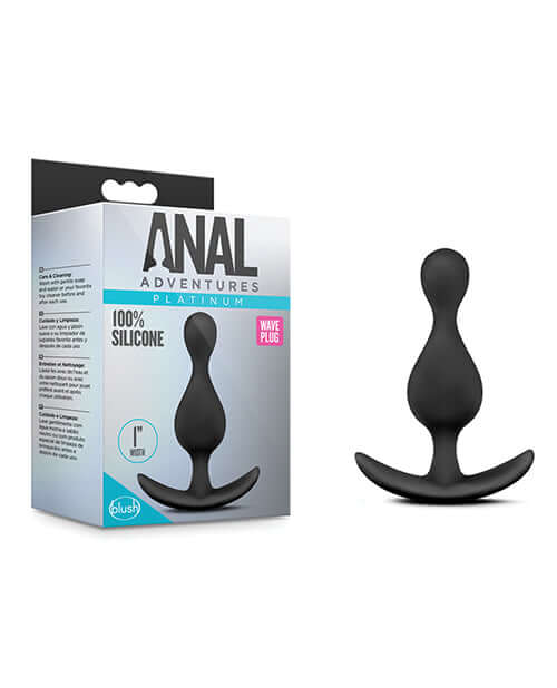 Anal Adventures Platinum Wave Plug Black made of 100% platinum cured silicone with small tip and anchor base for comfortable anal exploration.