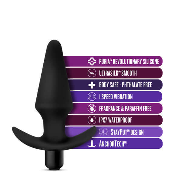 Anal Adventures Vibrating Plug Black with features: silicone, smooth, phthalate-free, speed vibration, waterproof, StayPut and AnchorTech design
