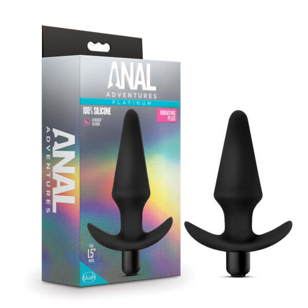 Anal Adventures Vibrating Plug Black with packaging by Blush Novelties made of platinum silicone for aquatic play