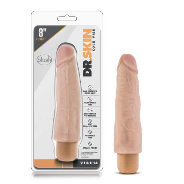 Dr. Skin Cock Vibe 14 Realistic Vibrator in Beige, 8 inches - Product Image with Packaging