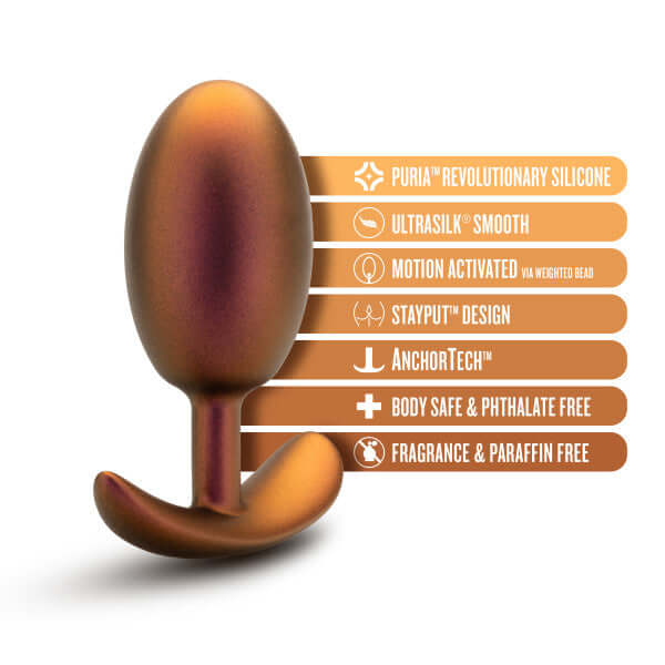 Anal Adventures Matrix Neutron Plug in Cosmic Copper, highlighted features including Puria silicone, Ultrasilk smooth, motion activated, Stayput design