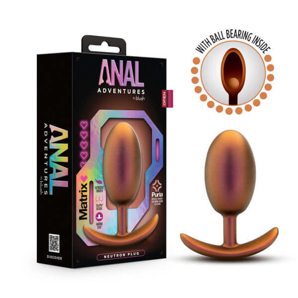 Anal Adventures Matrix Neutron Plug in Cosmic Copper packaging and product design with iridescent ball bearing feature.