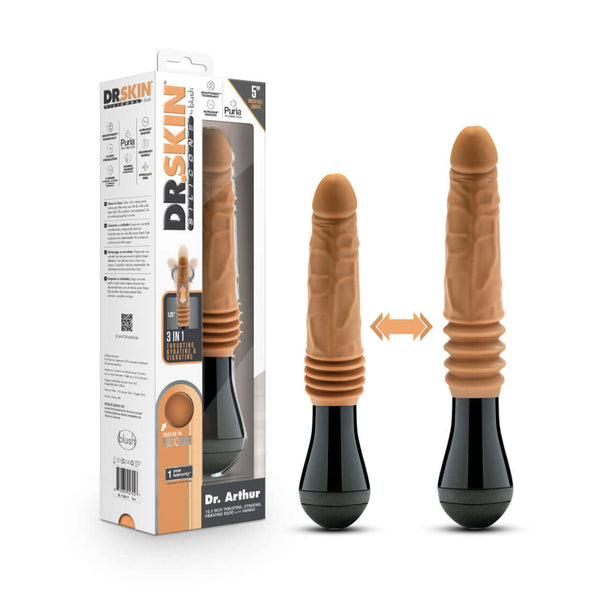 Dr. Skin Dr. Arthur Thrusting Gyrating Vibrating Dildo in Tan with packaging and product view showcasing Smart Thrust Technology