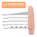 Dr. Skin Silicone Dr. Robert Vibrating Dildo with 10 vibration functions including Intensify, Throb, Rumble, Tremble, and Pulse.