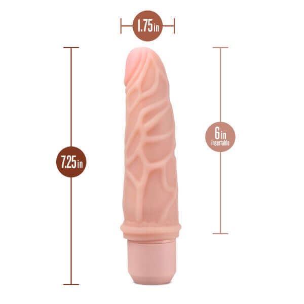 Dr. Skin Silicone Dr. Robert Vibrating Dildo with dimensions of 7.25 inches length, 1.75 inches width, and 6 inches insertable length