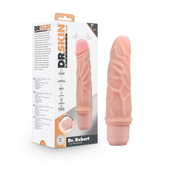 Dr. Skin Silicone Dr. Robert Vibrating Dildo 7 inches with Flexishaft Tech and optimal stimulation packaging