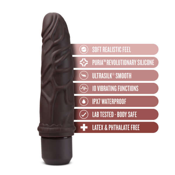 Dr. Skin Silicone Dr. Robert 7-Inch Vibrating Dildo Brown with 10 Vibration Modes and Flexishaft Tech Features Highlighted