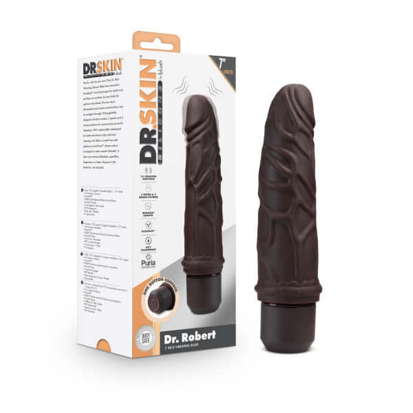 Dr. Skin 7-Inch Vibrating Silicone Dildo Brown with Flexishaft Tech and 10 Vibration Modes - Product and Packaging.