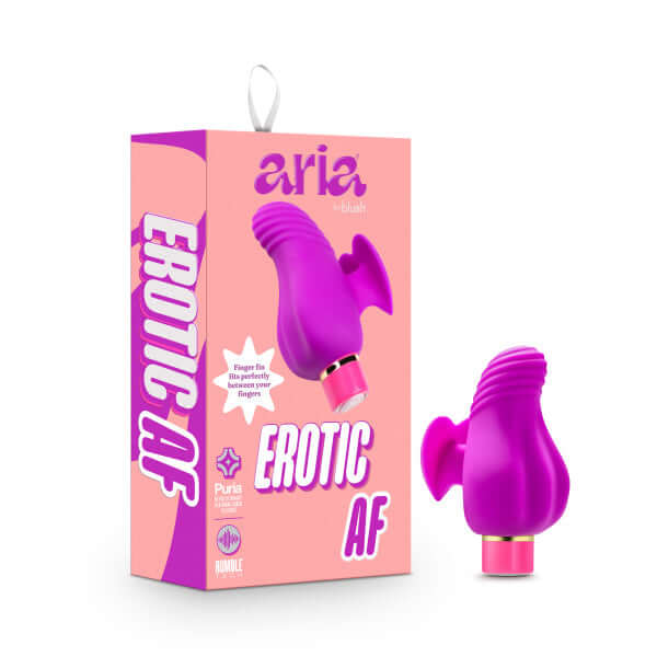 Aria Erotic AF Plum Finger Vibrator from Blush Novelties with packaging, featuring powerful vibrations and waterproof design.