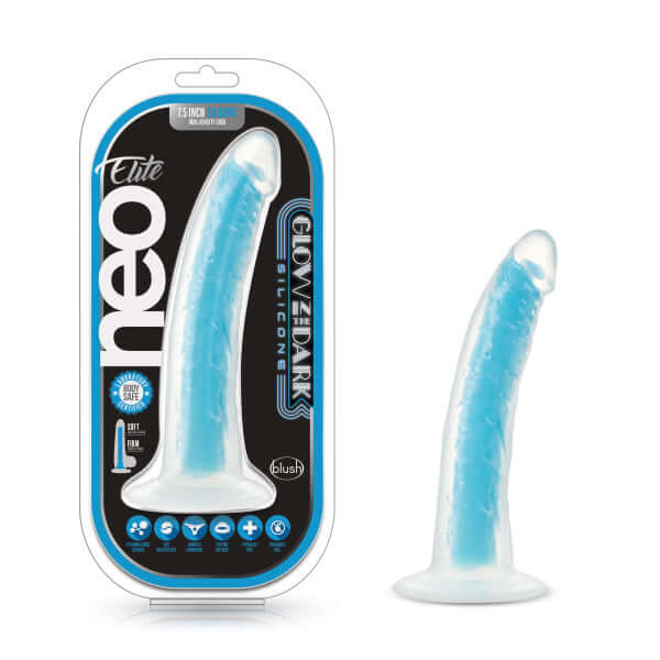 Neo Elite Glow in the Dark 7.5 inches Dual Density Cock Neon Blue in packaging and displayed upright.