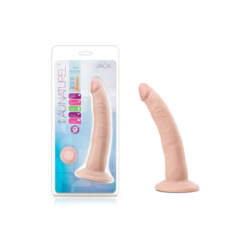 Au Naturel 7 inches Jack Beige Dildo by Blush Novelties in packaging and on display.