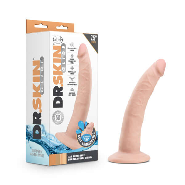 Dr. Skin Glide 7.5 inch Self Lubricating Dildo Realistic Vanilla Beige with packaging, body-safe TPE, and strong suction cup.
