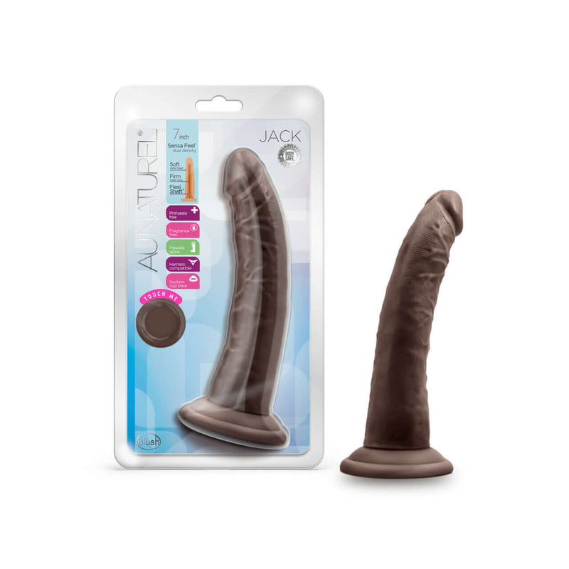 Au Naturel Jack 7-Inch Dildo in packaging and displayed upright, offering realistic sensations with ultra-realistic Sensa Feel layers.