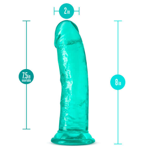 B Yours Plus Roar N Ride Teal 8 inches Dildo by Blush Novelties with dimensions 8 inches length, 7.5 inches insertable, 2 inches width.