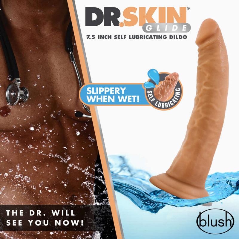 Dr. Skin Glide 7.5-inch self-lubricating dildo in mocha tan with suction cup base by Blush Novelties, slippery when wet