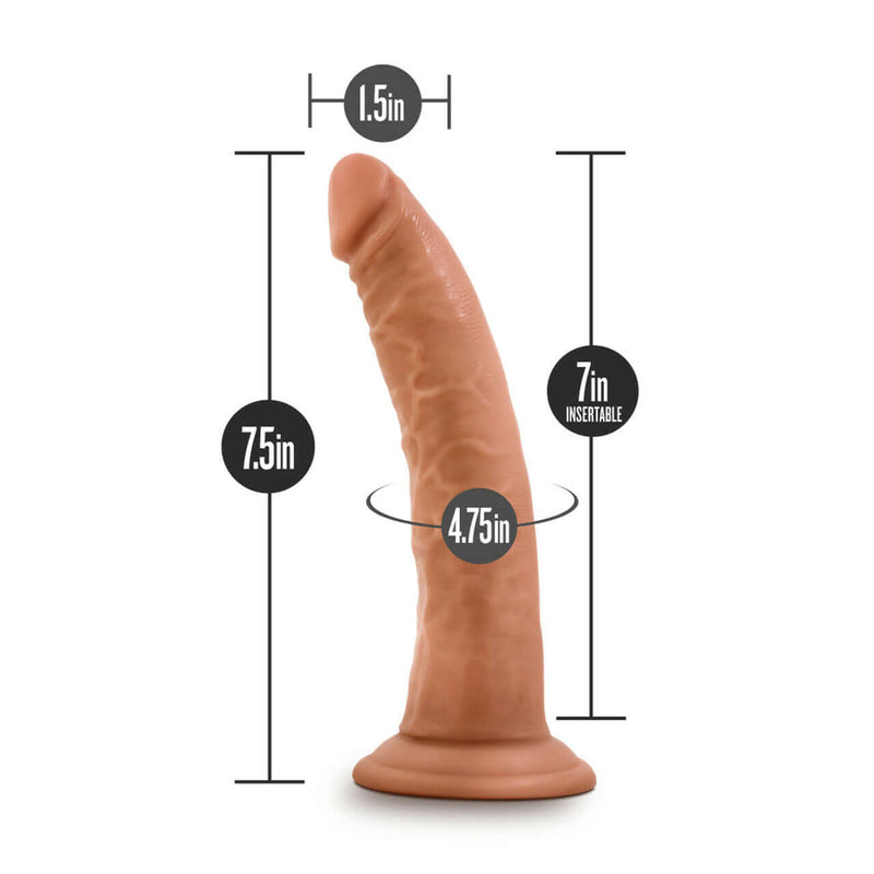 Dr. Skin Glide 7.5-inch self-lubricating dildo in mocha tan with dimensions 7 inches insertable length, 1.5-inch width, and 4.75-inch circumference.