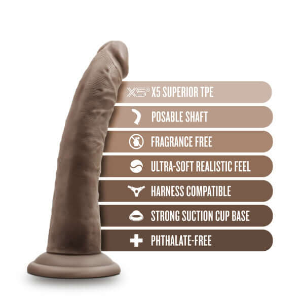 Dr. Skin Plus 7 inches Poseable Dildo Chocolate Dark Brown with feature list including posable shaft, phthalate-free, and strong suction cup base