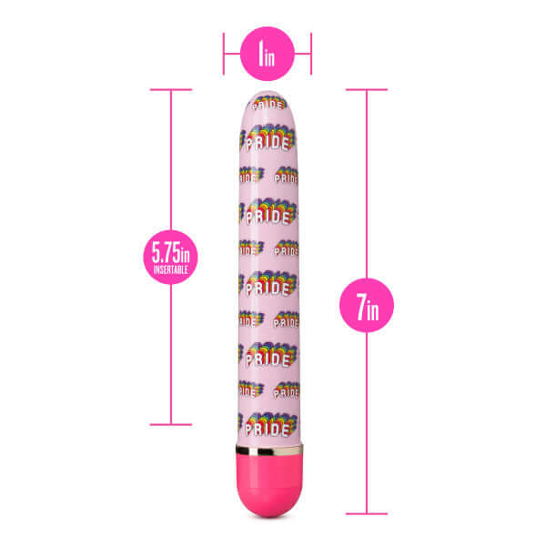 The Collection Pride Vibe Pink with dimensions 7 inches length, 5.75 inches insertable, and 1 inch width in vibrant pattern.