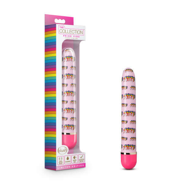 The Collection Pride Vibe Pink from Blush Novelties showcasing colorful packaging and sleek multi-speed vibrator with pride design.