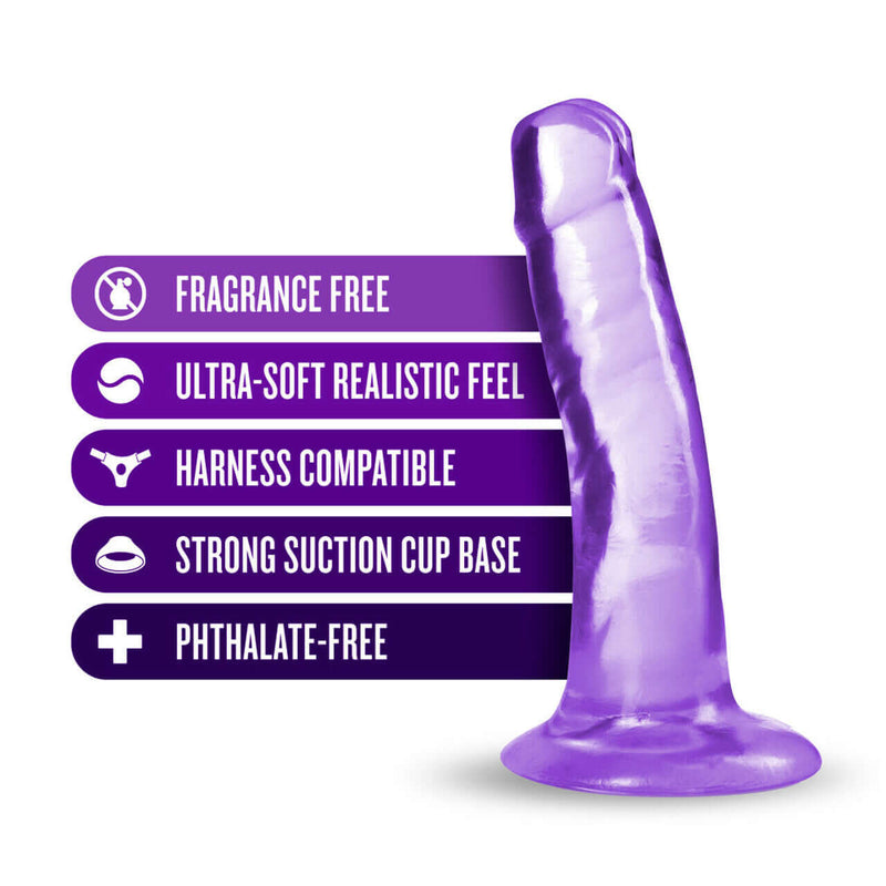 B Yours Plus Hard N Happy Purple Dildo features fragrance-free, ultra-soft realistic feel, harness compatibility, strong suction cup base, and phthalate-free benefits.