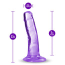 B Yours Plus Hard N Happy Purple Dildo with measurements 5.5 inches length, 1.25 inches width, and 5 inches insertable length.