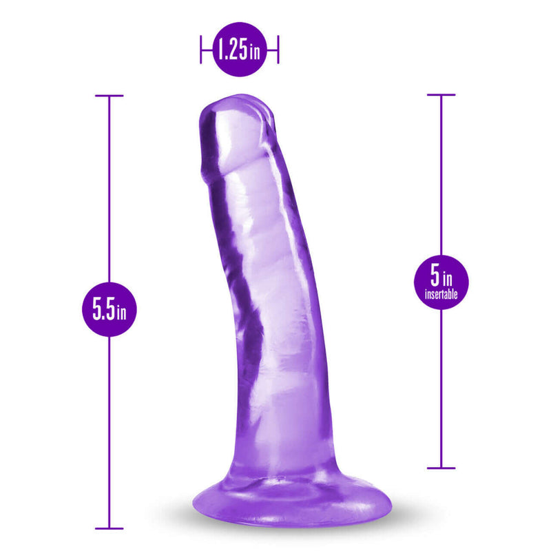 B Yours Plus Hard N Happy Purple Dildo with measurements 5.5 inches length, 1.25 inches width, and 5 inches insertable length.