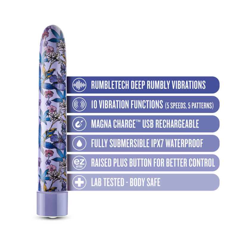 Limited Addiction Floradelic 7-Inch Rechargeable Vibe in purple showing key features including 10 RumbleTech vibration modes and waterproof design