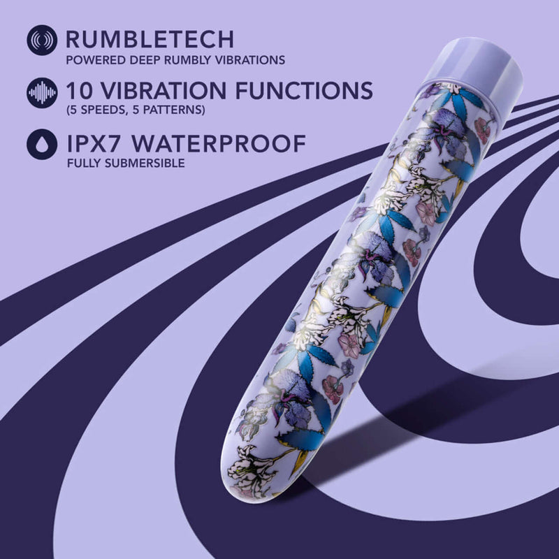 Limited Addiction Floradelic 7-Inch Rechargeable Vibe featuring vibrant psychedelic design with 10 vibration functions, RumbleTech, and waterproof capability