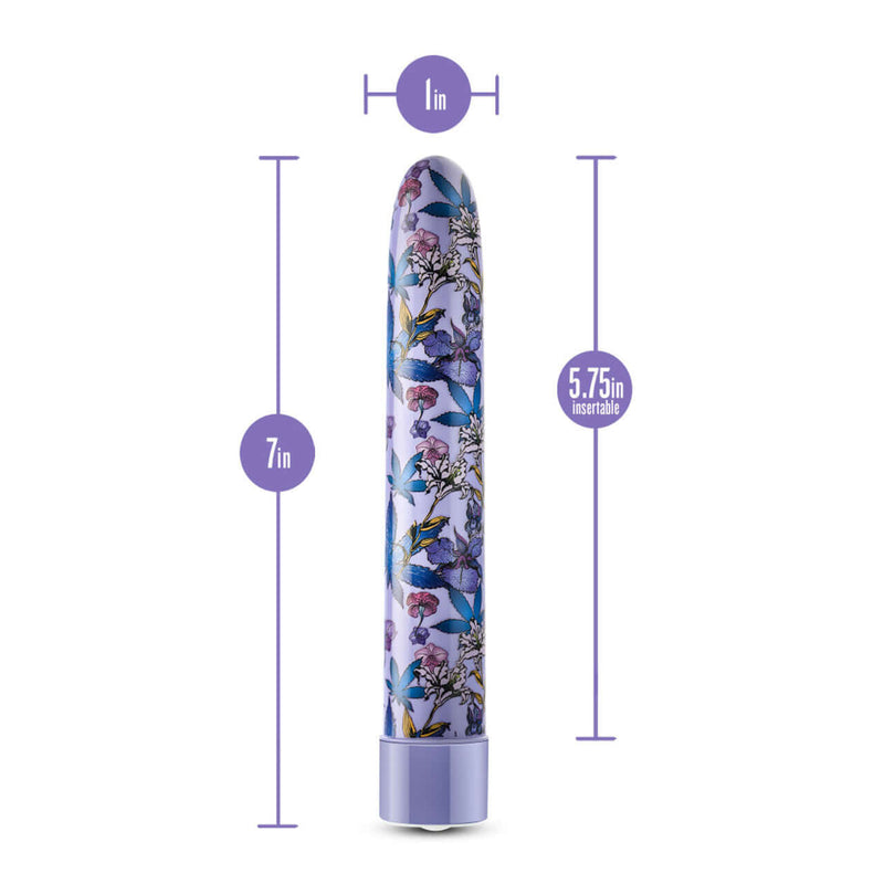 Floradelic 7-Inch Rechargeable Vibe in vibrant purple with psychedelic design, highlighting dimensions of length and insertable size.