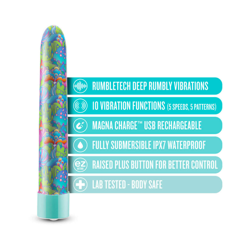 Limited Addiction Utopia 7-Inch Rechargeable Vibe in Aqua with RumbleTech vibrations, 10 functions, USB rechargeable, waterproof, body safe