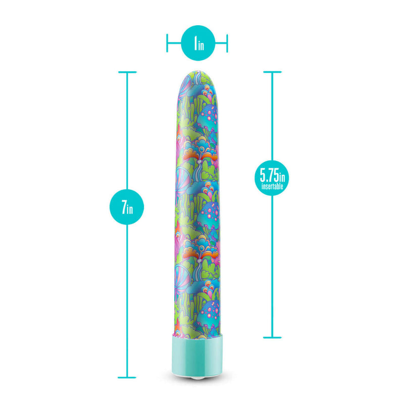 Limited Addiction Utopia 7-Inch Rechargeable Vibe with psychedelic design, 1-inch diameter, and 5.75-inch insertable length in Aqua.