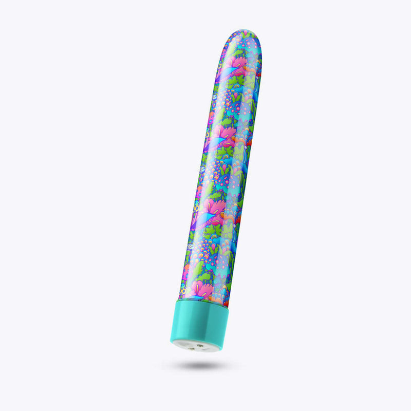 Limited Addiction Utopia 7-Inch Rechargeable Vibe in Aqua with Playful Psychedelic Design.