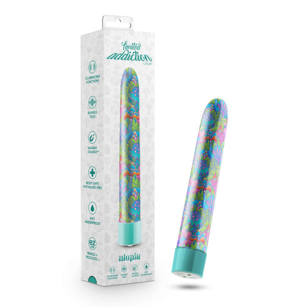 Limited Addiction Utopia 7-Inch Rechargeable G-Spot Vibrator in Aqua with psychedelic design, displayed next to product packaging.