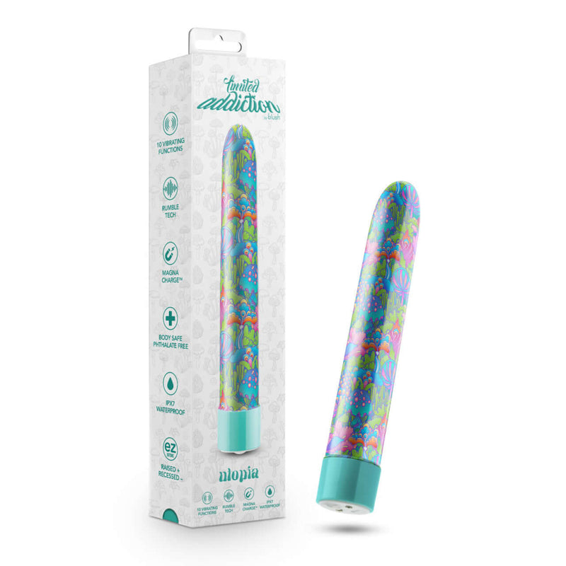 Limited Addiction Utopia 7-Inch Rechargeable G-Spot Vibrator in Aqua with psychedelic design, displayed next to product packaging.